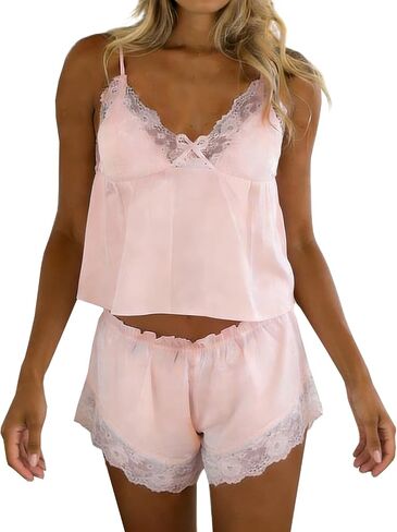 Mxiqqpltky Cute Pajama Sets for Women 2 Piece Summer Pj Set Lace Trim Cami Crop Top and Boxer Shorts Sexy Lingerie Sleepwear in Saudi Arabia