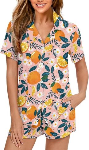 Pajamas Sets Two Piece Sleepwear for Women Plus Size Button Down Pjs Fruits Theme Lounge Sets in Saudi Arabia