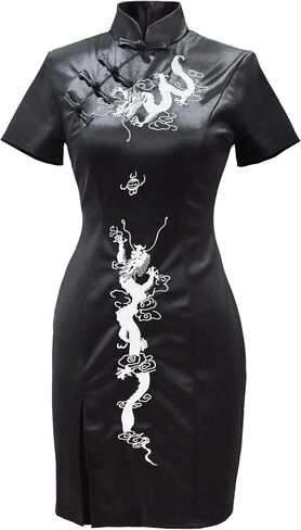 Womens Short Cheongsam Dresses Vintage Black Slit Hem Gothic Dress Dragon Embroidery Chinese Clothing in Kuwait