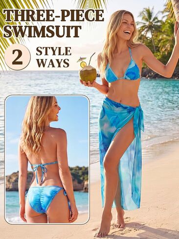 3 Piece Swimsuits for Women Halter Bikini with Cover Up Set Marble Print Mesh Sarong High Cut Sexy Bathing Suit for Pool Party Light Blue, Medium in Kuwait