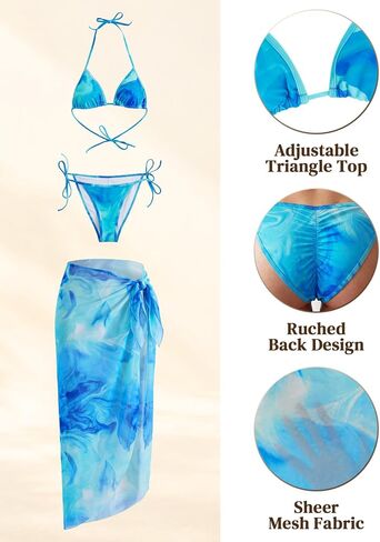 3 Piece Swimsuits for Women Halter Bikini with Cover Up Set Marble Print Mesh Sarong High Cut Sexy Bathing Suit for Pool Party Light Blue, Medium in Kuwait