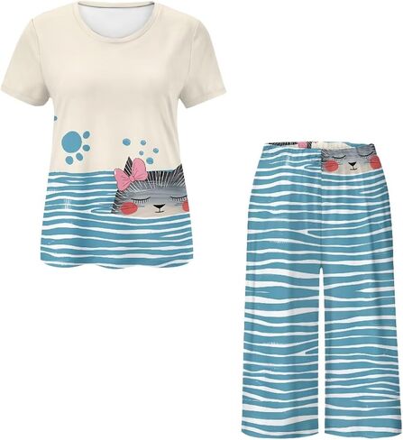 Pajamas Set for Women Short Sleeve Womens Lounge Sets 2 Piece Outfits Summer Pjs with Pants Comfy Sleepwear in Saudi Arabia