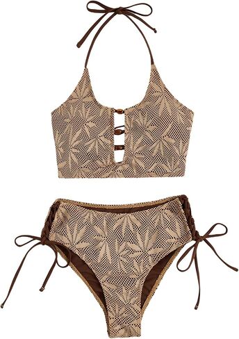 SOLY HUX Women's High Waisted Bikini Set Tropical Sheer Halter Resort Swimsuits Cutout Bathing Suit Beachwear in Kuwait