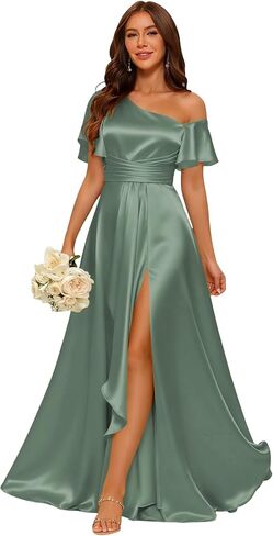 One Shoulder Short Sleeve Bridesmaid Dress with Slit Ruched Satin Ruched Evening Dress ZU133 in Saudi Arabia