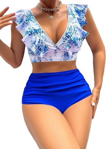 Women Ruffle High Waisted Swimsuit Two Piece Tropical Print Swimsuit Push Up Bathing Suit in Saudi Arabia