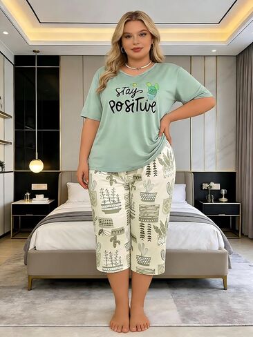 Womens Plus Size Pajamas Sets 2 Pcs Summer PJ Set Printed Loose Short and Pants Lounge Nightwear for Home and Daily Wear in Kuwait