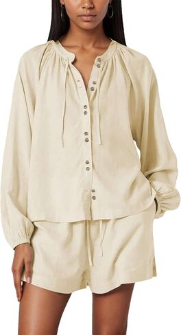 Wanzetaly Women's Oversized 2 Piece Sets Long Sleeve Button Down Shirt Matching Shorts Sets Spring Outfit 2026 in Saudi Arabia