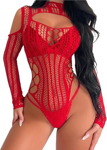 Fishnet Bodysuit for Women Breathable Mesh Cut Out Design Long Sleeve Slim Fit Club Party Outfit in Saudi Arabia