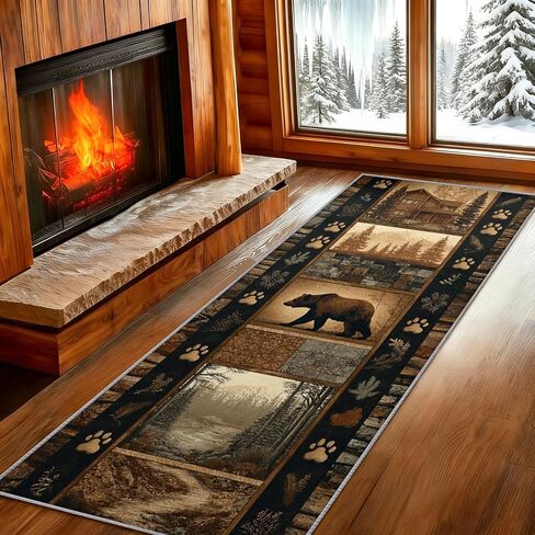Rustic Cabin Hallway Runner Rug 2x12ft, Southwest Wildlife Runner Rug for Hallway Kitchen, Brown Bear and Trees Country Washable Long Carpet for Indoor Entrance Laundry Office Kitchen Floor Mat in Kuwait