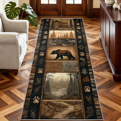 Rustic Cabin Hallway Runner Rug 2x12ft, Southwest Wildlife Runner Rug for Hallway Kitchen, Brown Bear and Trees Country Washable Long Carpet for Indoor Entrance Laundry Office Kitchen Floor Mat in Kuwait