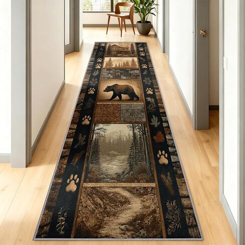 Rustic Cabin Hallway Runner Rug 2x12ft, Southwest Wildlife Runner Rug for Hallway Kitchen, Brown Bear and Trees Country Washable Long Carpet for Indoor Entrance Laundry Office Kitchen Floor Mat in Kuwait