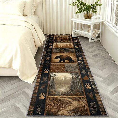 Rustic Cabin Hallway Runner Rug 2x12ft, Southwest Wildlife Runner Rug for Hallway Kitchen, Brown Bear and Trees Country Washable Long Carpet for Indoor Entrance Laundry Office Kitchen Floor Mat in Kuwait