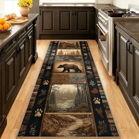 Rustic Cabin Hallway Runner Rug 2x12ft, Southwest Wildlife Runner Rug for Hallway Kitchen, Brown Bear and Trees Country Washable Long Carpet for Indoor Entrance Laundry Office Kitchen Floor Mat in Kuwait