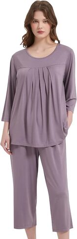 NACHILA Pajamas for Women-Viscose Made from Bamboo, 3/4 Sleeve Capri Pajama Set Soft Sleepwear 2 Piece Pjs in Kuwait