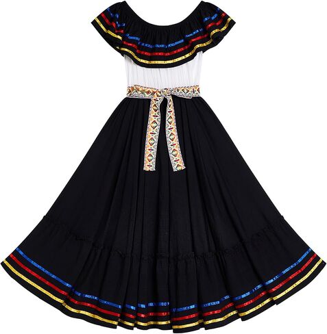 IMEKIS Women Mexican Dress Traditional Ethnic Wear with Belt Off Shoulder Fiesta Party Halloween Costume in Kuwait