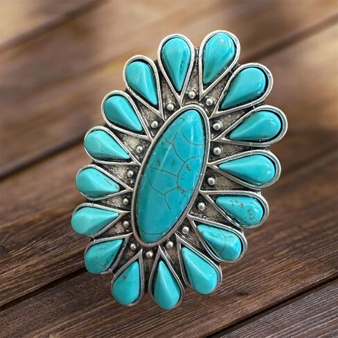 Isac Large Turquoise Cluster Statement Ring – Western Vintage Style, Handmade Look, Adjustable Band in Kuwait