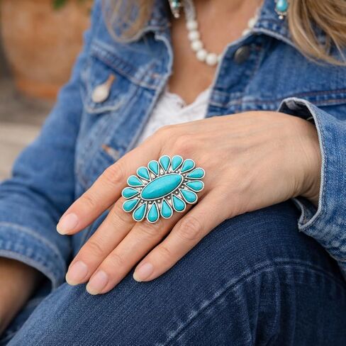 Isac Large Turquoise Cluster Statement Ring – Western Vintage Style, Handmade Look, Adjustable Band in Kuwait