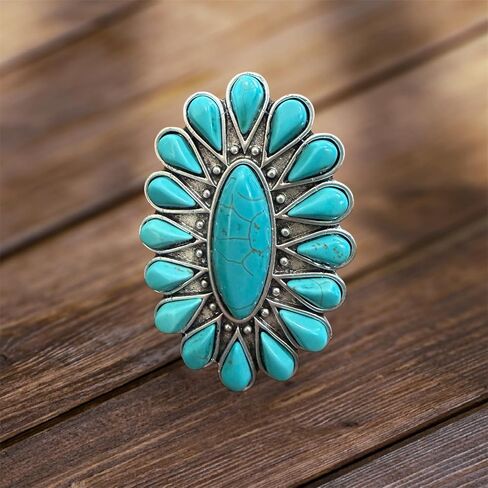 Isac Large Turquoise Cluster Statement Ring – Western Vintage Style, Handmade Look, Adjustable Band in Kuwait