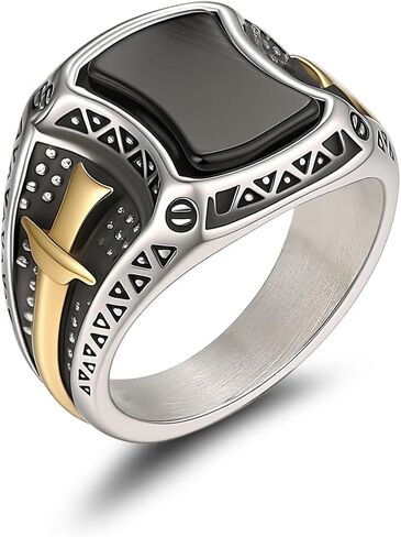 18K Gold Plated Black Onyx Rings Stainless Stee Vintage Knight Sword Ring for Men Size 7-13 in Saudi Arabia