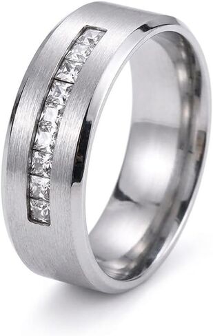 Men's Silver Band Ring with Cubic Zirconia Channel Set - Brushed Finish Silver Plated Wedding Band, Engagement Promise Ring for Him, Masculine Jewelry Statement in Saudi Arabia