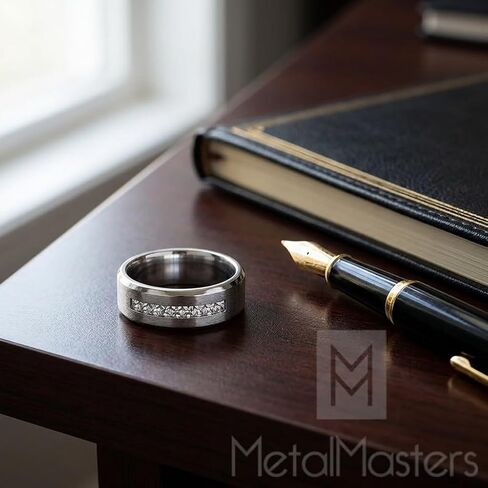 Men's Silver Band Ring with Cubic Zirconia Channel Set - Brushed Finish Silver Plated Wedding Band, Engagement Promise Ring for Him, Masculine Jewelry Statement in Saudi Arabia
