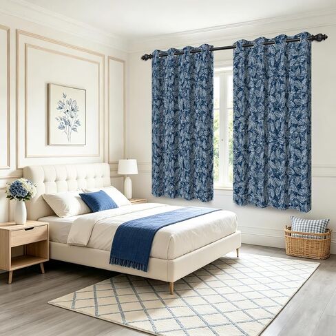 Navy Blue Botanical Leaf Blackout Curtains, Vintage Country Foliage Grommet Curtains, Thermal Insulated Sound Proof Window Drapes for Apartment Living Room Bedroom Home Office, 52" x 63" in Saudi Arabia