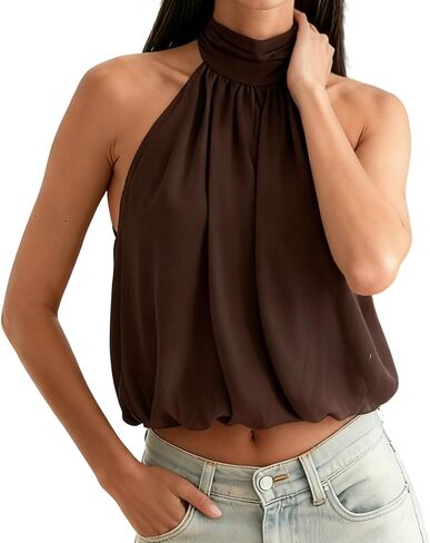 Women Y2k Backless Halter Tops Fairy Ruffle Cami Shirt Sleeveless Peplum Tie Back Crop Tank Tops in Saudi Arabia