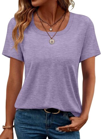TICTICMIMI Women's Square Neck Short Sleeve Tops Casual Loose Fit T Shirts Solid Color Basic Tees in Saudi Arabia
