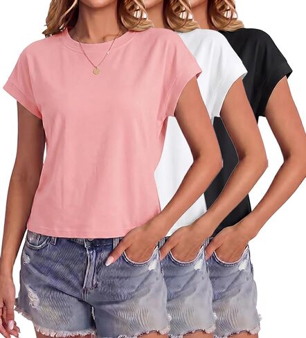 JINKESI 3 Pack Women Cap Sleeve Crop Tops Basic T Shirts Casual Crewneck Loose Fit Tee Summer Trendy Outfits Clothes in Saudi Arabia