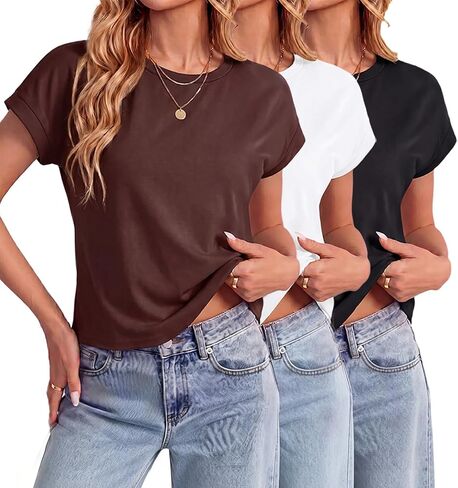 JINKESI 3 Pack Women Cap Sleeve Crop Tops Basic T Shirts Casual Crewneck Loose Fit Tee Summer Trendy Outfits Clothes in Saudi Arabia