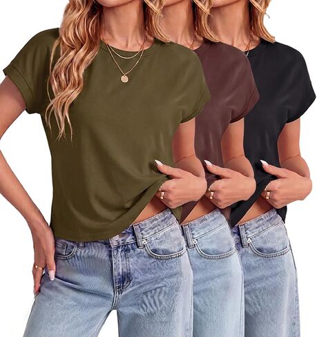 JINKESI 3 Pack Women Cap Sleeve Crop Tops Basic T Shirts Casual Crewneck Loose Fit Tee Summer Trendy Outfits Clothes in Saudi Arabia