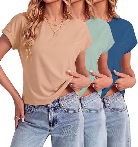 JINKESI 3 Pack Women Cap Sleeve Crop Tops Basic T Shirts Casual Crewneck Loose Fit Tee Summer Trendy Outfits Clothes in Saudi Arabia