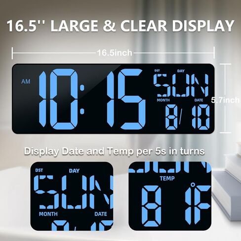 Digital Wall Clock Large Display: 16.5" LED Digital Clock with Remote Control Temperature Date Week Auto DST Adjustable Brightness, Big Wall Clock for Bedreeom Kitchen Living Room Office Gym, Blue in Saudi Arabia