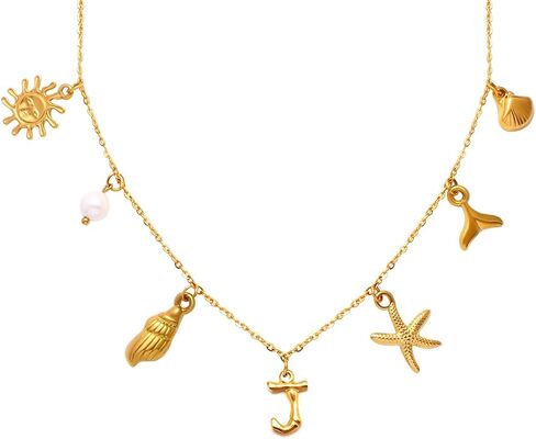 Initial Charm Necklace for Women Boho Summer Beach Starfish Surfer Shell A-Z Letter Choker14K Gold Plated Vacation Jewelry Gift in Kuwait