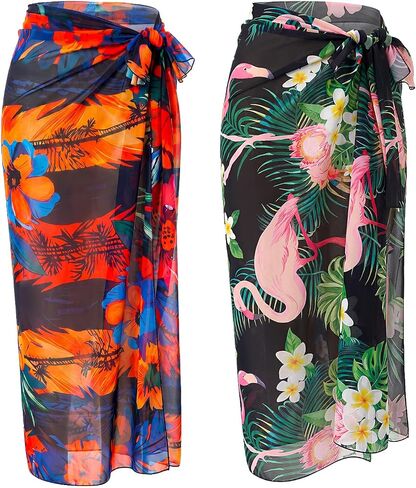 Jiuguva 2pcs Sarong Wraps for Women, Beach Sarong Swimsuit Coverups, Chiffon Sheer Bikini Beach High Slit for Women Swimwear Multicolor in Kuwait