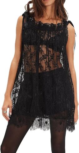 Women's Lace Mini Dress Sleeveless See Through Short Dress Open Back Sheer Dress Swimsuit Beach Coverups in Kuwait