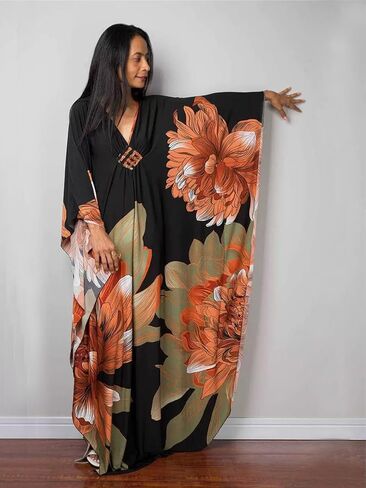 Women Kaftan Dresses Plus Size V-Neck Batwing Sleeves Beach Cover Up Floral Print Mumu Dress in Kuwait