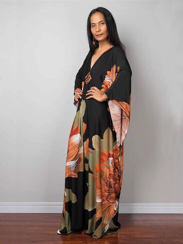 Women Kaftan Dresses Plus Size V-Neck Batwing Sleeves Beach Cover Up Floral Print Mumu Dress in Kuwait
