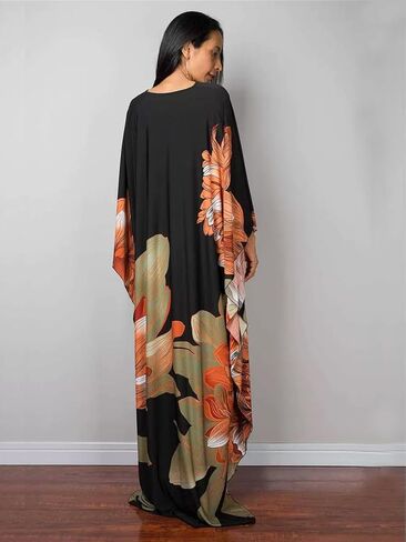 Women Kaftan Dresses Plus Size V-Neck Batwing Sleeves Beach Cover Up Floral Print Mumu Dress in Kuwait