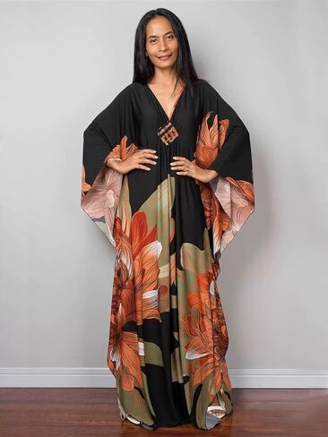 Women Kaftan Dresses Plus Size V-Neck Batwing Sleeves Beach Cover Up Floral Print Mumu Dress in Kuwait