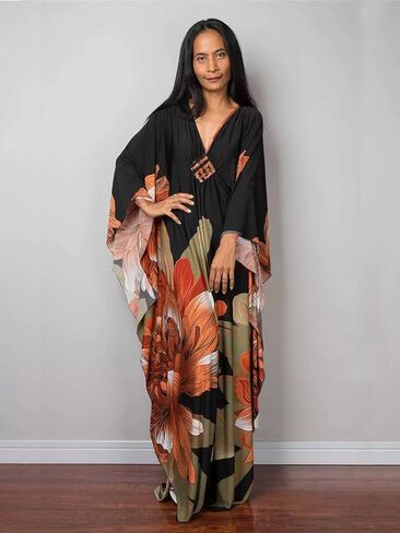 Women Kaftan Dresses Plus Size V-Neck Batwing Sleeves Beach Cover Up Floral Print Mumu Dress in Kuwait
