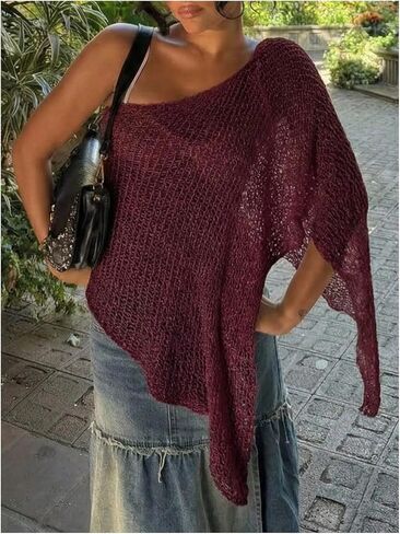 MakeMeChic Women's Crochet Swim Cover Up One Shoulder Hollow Out Poncho Coverup Tops in Kuwait