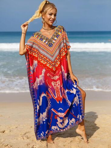 Women's V-Neck Batwing Sleeve Kaftan Dress Lightweight Beach Swimwear Cover Up for Tropical Vacation in Kuwait