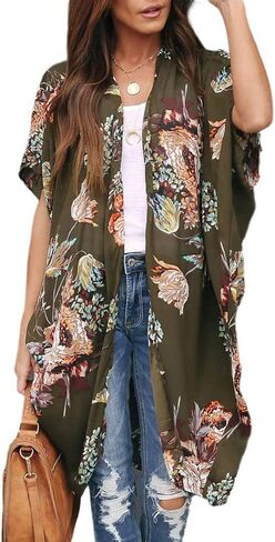 Women's Floral Print Puff Sleeve Kimono Cardigan Loose Cover Up Casual Blouse Tops Oversized Beach in Kuwait