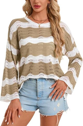 shermie Women's Long Bell Sleeve Scoop Neck Crochet Cover Up Loose Mesh Striped Top in Saudi Arabia