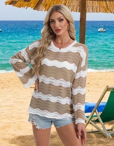 shermie Women's Long Bell Sleeve Scoop Neck Crochet Cover Up Loose Mesh Striped Top in Saudi Arabia
