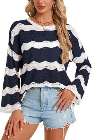 shermie Women's Long Bell Sleeve Scoop Neck Crochet Cover Up Loose Mesh Striped Top in Saudi Arabia