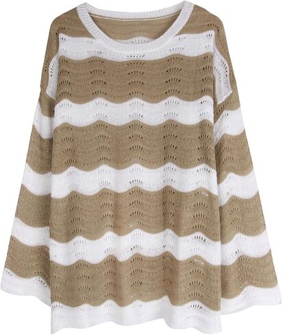 shermie Women's Long Bell Sleeve Scoop Neck Crochet Cover Up Loose Mesh Striped Top in Saudi Arabia