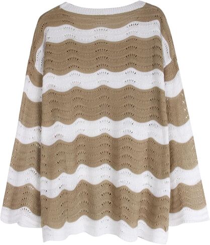 shermie Women's Long Bell Sleeve Scoop Neck Crochet Cover Up Loose Mesh Striped Top in Saudi Arabia