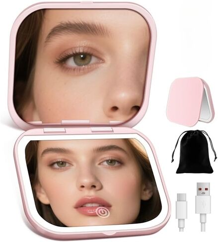 Magnifying Mirror with Light, Rechargeable 40X Compact Mirror with 3 Lighting Modes & Dimmable Brightness, Portable Travel Makeup Mirror with Light, Essentials for Travel, Pocket Purse Rose in Kuwait